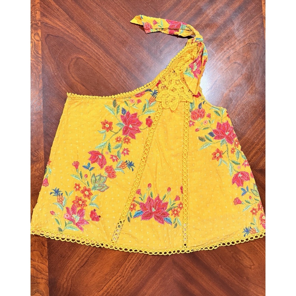 Farm Rio Flower Dream One Shoulder Embroidered Cotton Blouse Yellow Floral Small